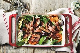 Grilled Aussie Beef Sirloin Steak, Zucchini, Sweet Potato and Arugula Salad