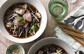 Spiced Aussie beef sirloin medallions, crispy Asian slaw, pickled mushrooms and black broth