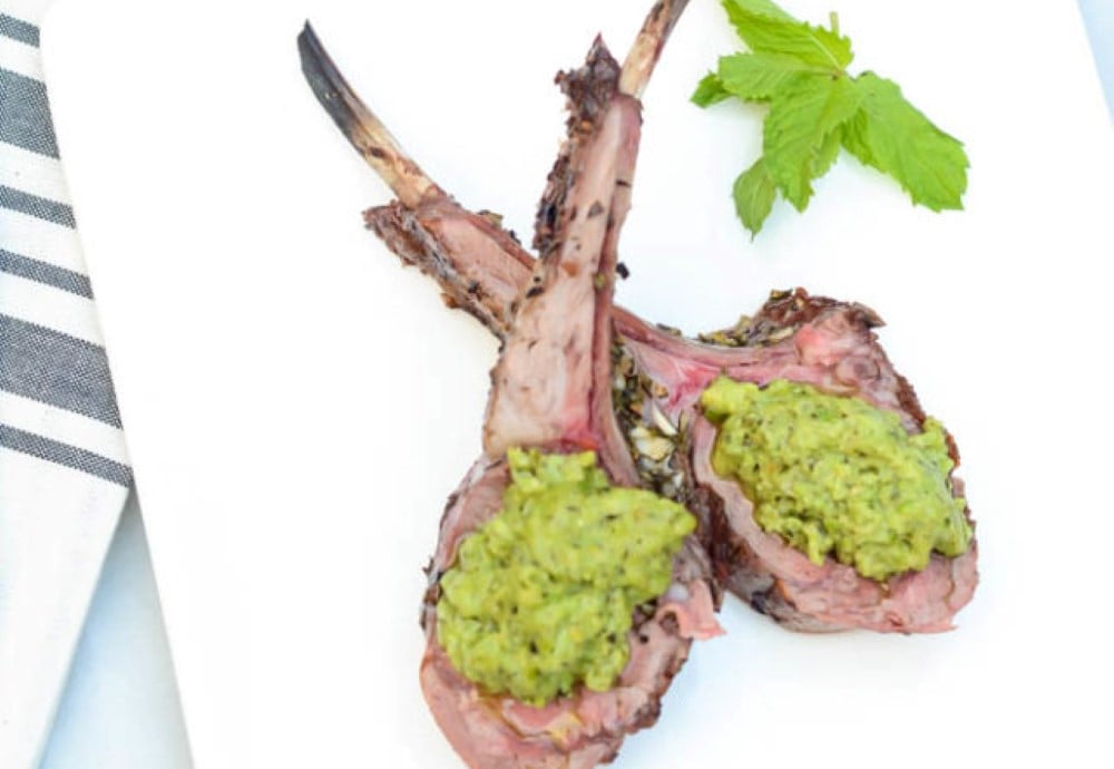 Herb crusted rack of Aussie lamb with mint pea pesto