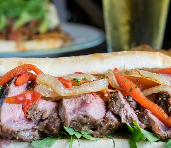 Grilled Lamb Sandwich with Onions, Peppers and Roasted Garlic Aioli