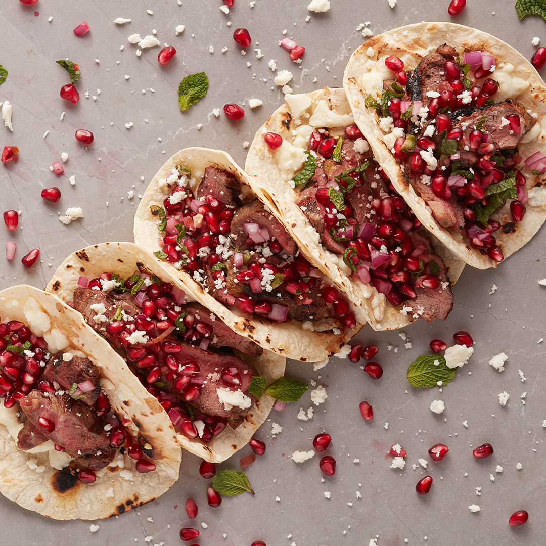 Grilled Australian Lamb Tacos with Pomegranate-Mint Salsa