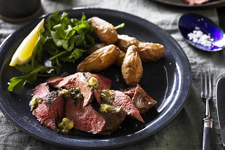 Grilled Aussie Flat Iron Steak with Anchovy and Thyme Butter