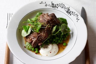 Lamb neck with pea shoots, aleppo pepper, greek yogurt and lamb jus