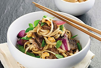 Lamb with Singapore Noodles, Snow Peas and Cashews