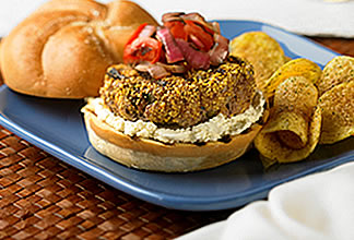 Mediterranean Australian lamb burger with goat cheese and tomato relish