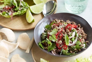 Minced Aussie beef larb with roasted rice