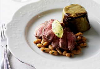 Roast lamb sirloin with flageolet beans and eggplant chartreuse