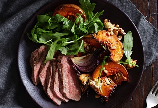 Aussie sirloin steak with baked pumpkin and feta