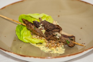 Coffee marinated Aussie beef flank satay