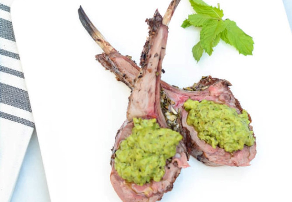 Herb crusted rack of Aussie lamb with mint pea pesto
