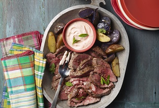 Roasted leg of lamb with sriracha and kimchi-mint sour cream