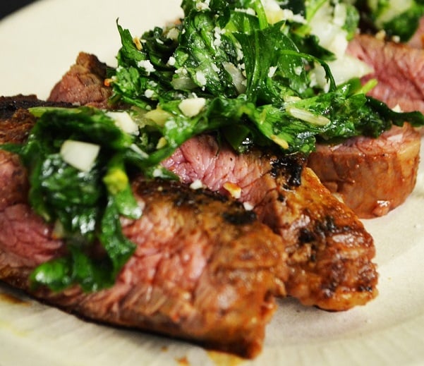 Cajun Seared Grassfed Flank Steak with Spiced Chimichurri Sauce