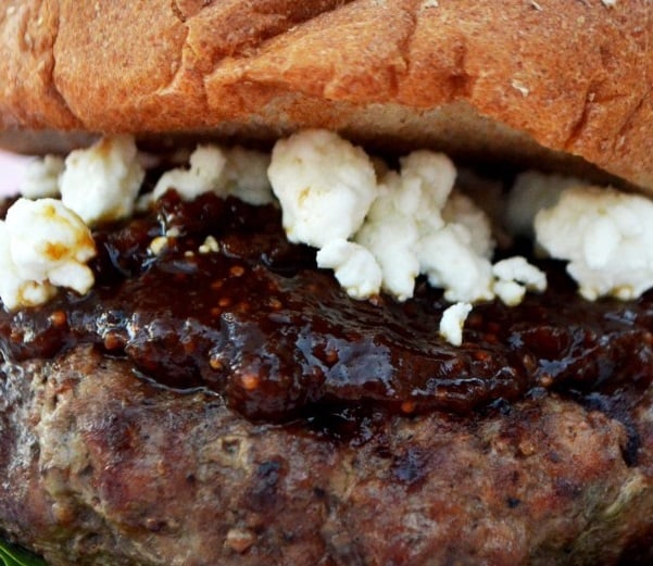 Goat Cheese Stuffed Aussie Grassfed Burgers with Fig Jam and Fresh Spinach