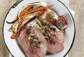 Aussie Roast Lamb Leg with Plum and Macadamia Nut Stuffing