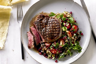 Griiled Aussie Beef Ribeye Steaks with Smoky Eggplant and Pomegranate Salad