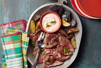 Roasted leg of lamb with sriracha and kimchi-mint sour cream