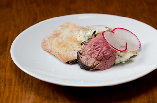 Vegetable Ash–Roasted Australian Rib-Eye & Blue Cheese Butter, Wild Mushroom Cracker, Breakfast Radish