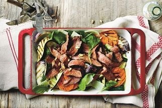 Grilled Aussie beef sirloin steak, zucchini, sweet potato and arugula salad