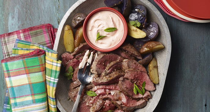 ROASTED LEG OF LAMB WITH SRIRACHA AND KIMCHI-MINT SOUR CREAM