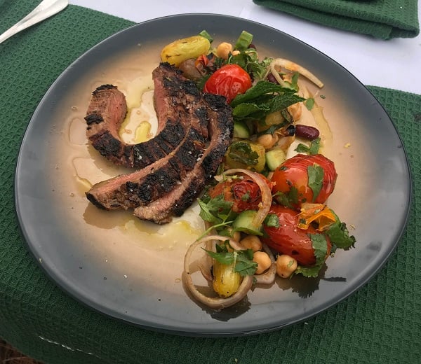 Moroccan-Inspired Flank Steak with Charred Tomato and Garbanzo Salad