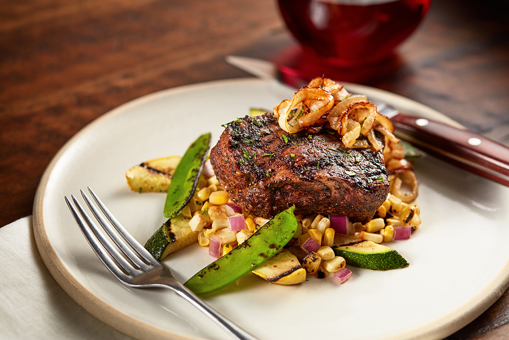 Espresso Rubbed  Aussie Strip Steak with mixed seasonal veggies