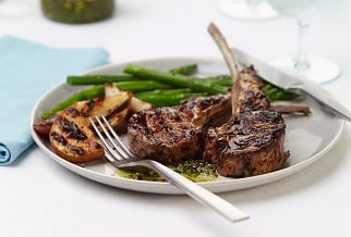 Grilled Aussie lamb chops with mint-pistachio pesto