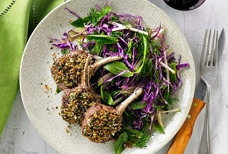 Herb crusted Aussie lamb cutlets with red cabbage & green apple slaw