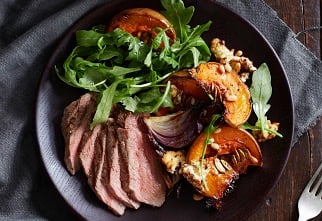 Aussie sirloin steak with baked pumpkin and feta