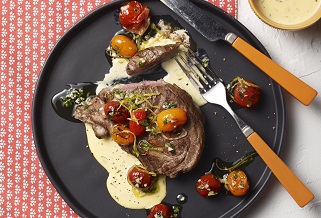 Grilled Aussie lamb shoulder chops with blistered cherry tomatoes and bearnaise