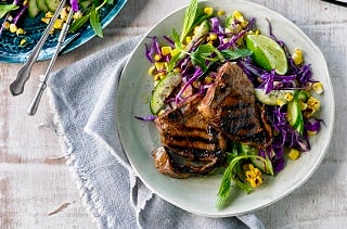 Thai glazed Aussie lamb loin chops with sweet corn slaw